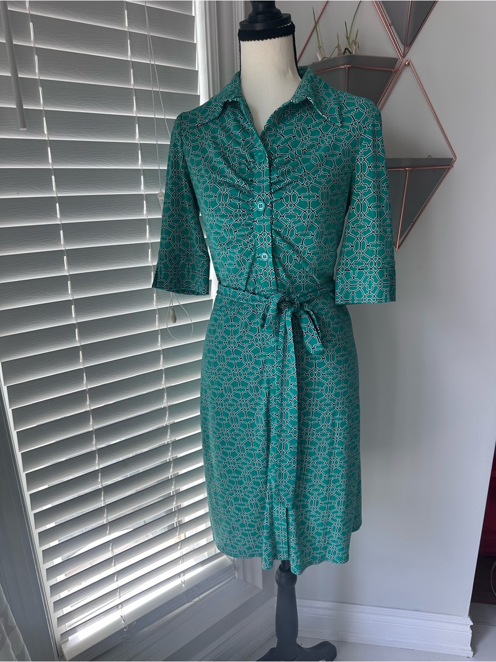 LAUNDRY BY SHELLI SEGAL Y2K Green Black Geometric Shirt Dress Office Tie Size 2